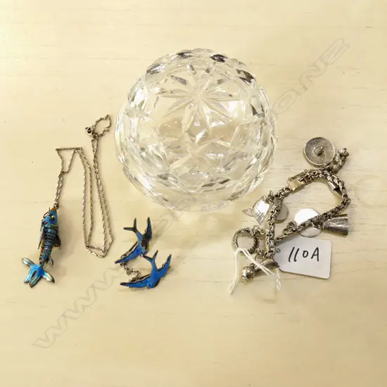 STG CHARM BRACELET, FISH PENDANT NECKLACE, ENAMEL BLUE BIRD BROOCH - IN LIDDED CRYSTAL CONTAINER 100mm dia