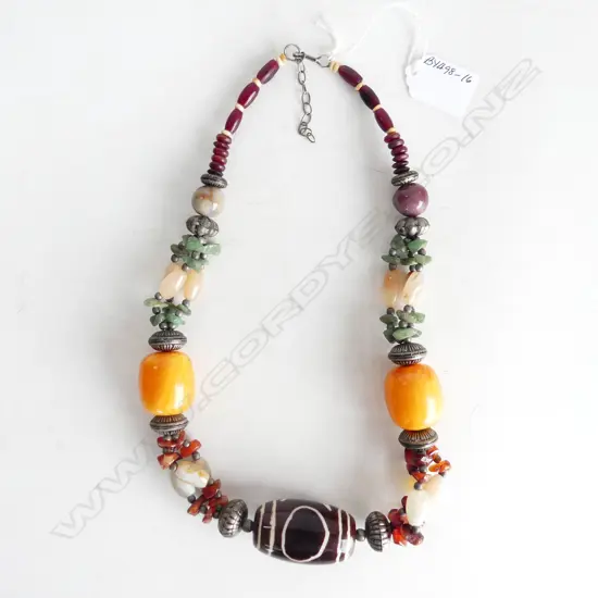 VINTAGE TIBETAN NECKLACE, AMBER, JADE & SILVER w LRG CENTRAL BEAD