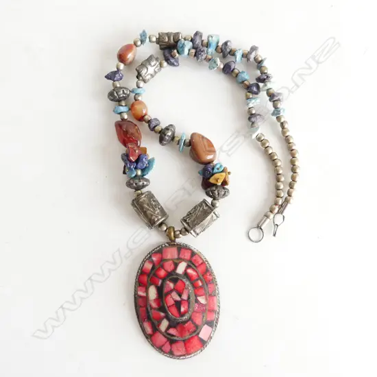 CAMBODIAN BEADED NECKLACE w PINK MOSAIC MEDALLION