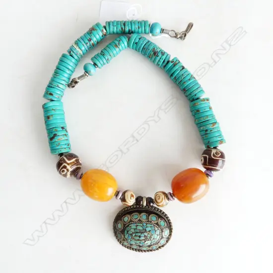 VINTAGE CAMBODIAN NECKLACE, TURQUOISE BEADS w 2 LRG AMBER TYPE BEADS & TURQUOISE MOSAIC