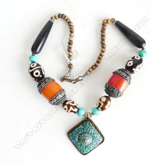 VINTAGE CAMBODIAN NECKLACE, LRG SILVER CAPPED AMBER BEADS & TURQUOISE MOSAIC