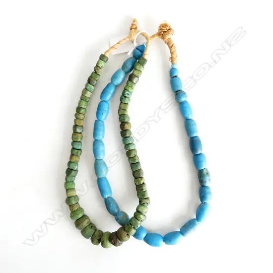 2 RAFIA STRUNG ALASKAN BEAD NECKLACES, GIANT BLUE PADAA & GREEN SCOIGOLITE BEADS, used as trading beads orig from Nth Af