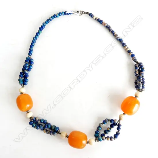 TIBETAN NECKLACE, BLUE & 3 LRG AMBER BEADS