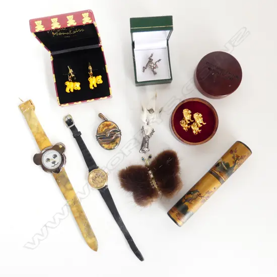 ASST. JEWELLERY; TEDDY CUFFLINKS, WATCH, CLAW BROOCH ETC