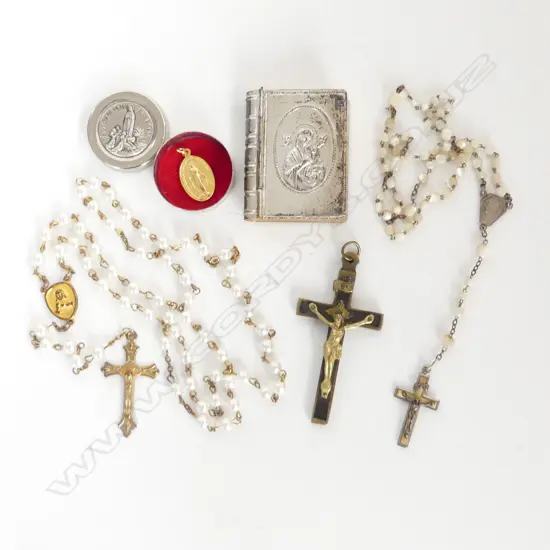 5 RELIGIOUS ITEMS; 2 ROSARY, CRUCIFIX, 2 CONTAINERS