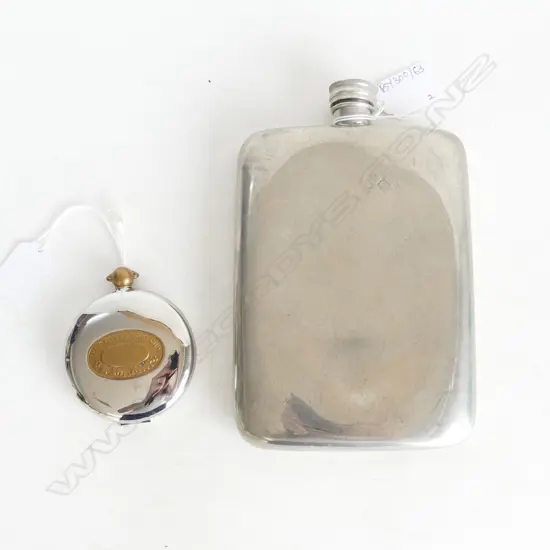 PEWTER HIP FLASK w. TOUCH MARKS H.195mm + DALVEY POCKET CUP