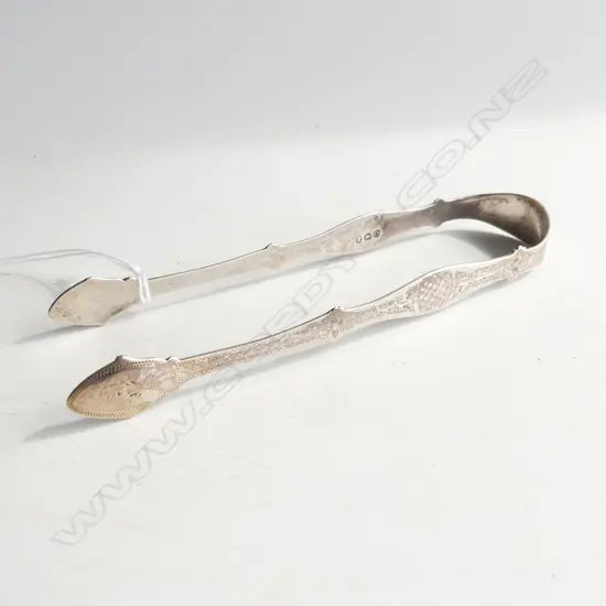 PR George III SILVER SUGAR TONGS London 105 by Peter & William Bateman. Bright cut engraving