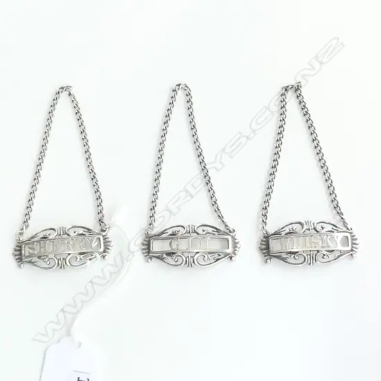SET OF 3 FANCY STERLING SILVER DECANTER LABELS WHISKY GIN & SHERRY STAMPED STG SIL