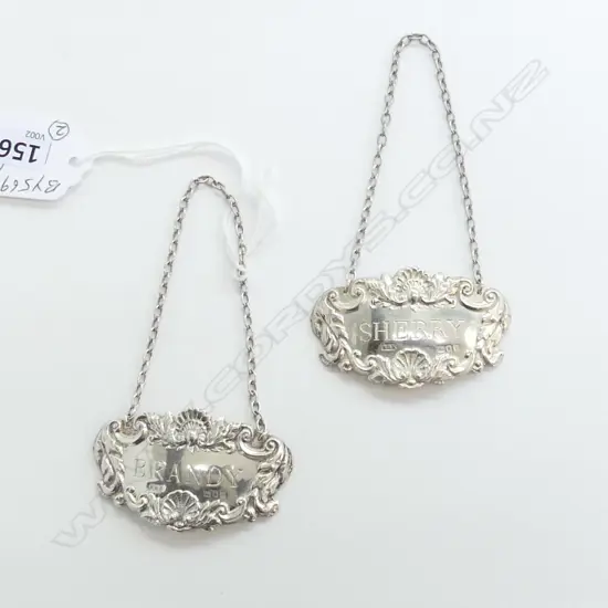 PAIR STERLING SILVER DECANTER LABELS BRANDY & SHERRY BIRMINGHAM 1968 