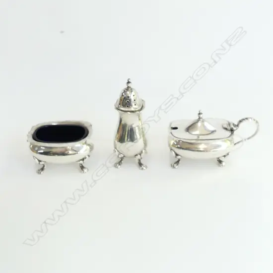 STERLING SILVER 3-PC CRUET SET WITH BLUE GLASS LINERS BIRMINGHAM 1953 CORONATION HALLMARKS