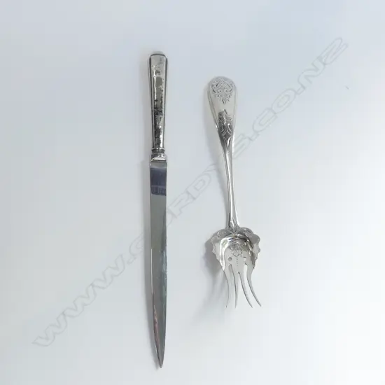S/SILVER HANDLED LETTER OPENER & CONT SILVER OYSTER FORK