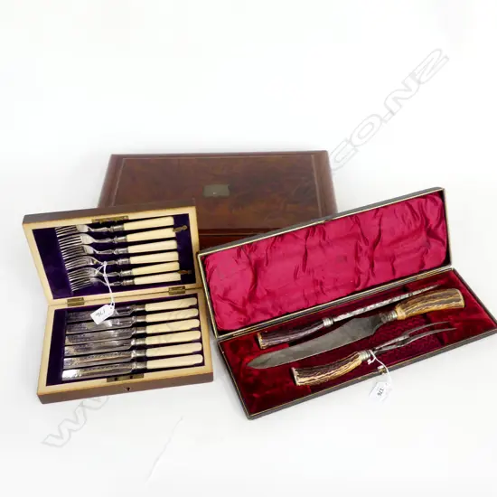 3 CASES; 3 PCE CARVING SET, 12 PCE FISH SET, EMPTY CASE W.425mm