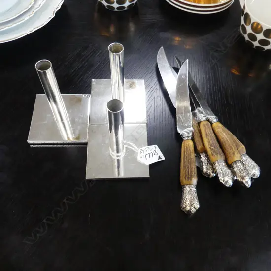 SIX STEAK KNIVES & THREE CHROME BUD VASES