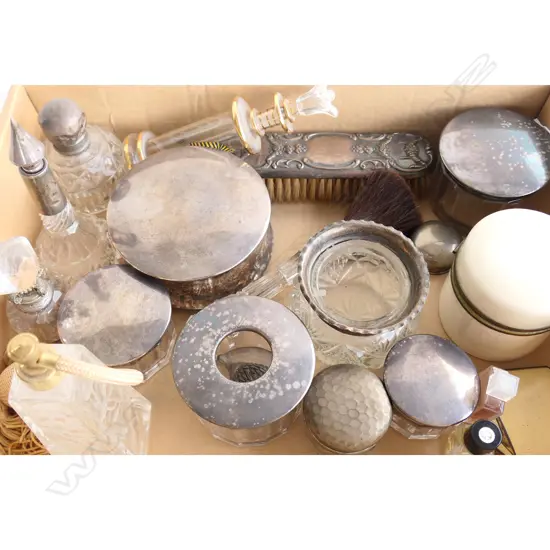 COLLECTION OF DRESSING TABLE POTS, PERFUME BOTTLES & ACCOUTREMENTS (SOME CRYSTAL & SILVER PLATE )