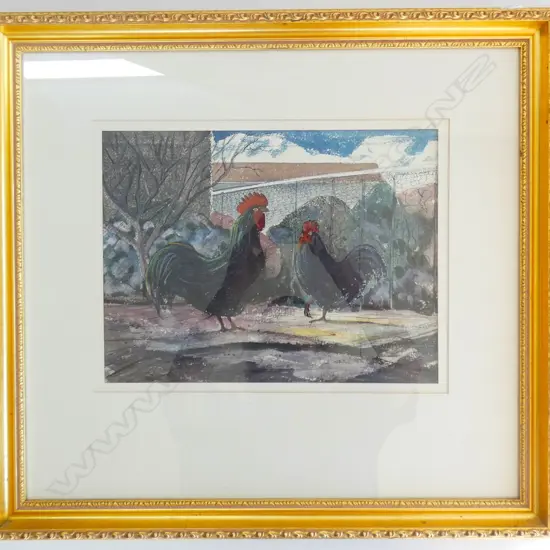 GEOFF FAIRBURN INK & WATERCOLOUR CHICKENS C1959 265 X 370mm in gilt frame