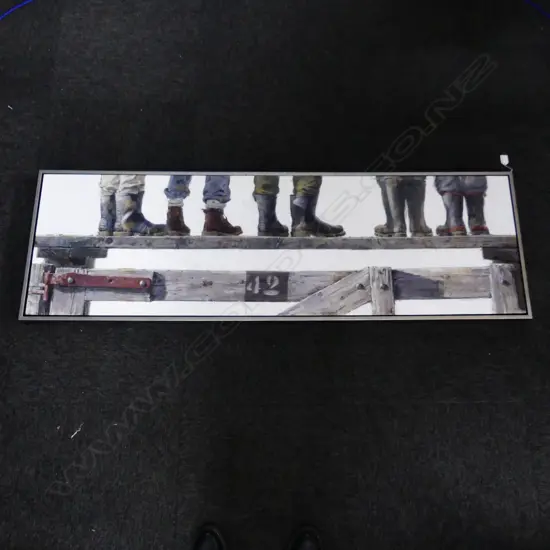 BARRY ROSS SMITH, GUMBOOTS ON FENCE, ACRYLIC ON BOARD 450x1480mm