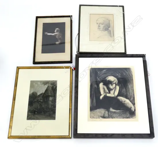 4 ARTWORKS; GIRL w. A PEARL EARRING PENCIL AF, SIGNED PRINT 330x270mm, NUDE, VILLAGE SCENE