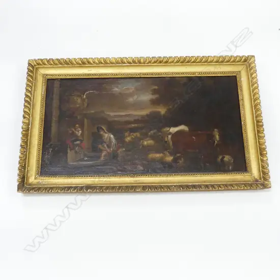 19thC ARTIST UNKNOWN, PASTORAL SCENE, OIL ON BOARD 320x620mm