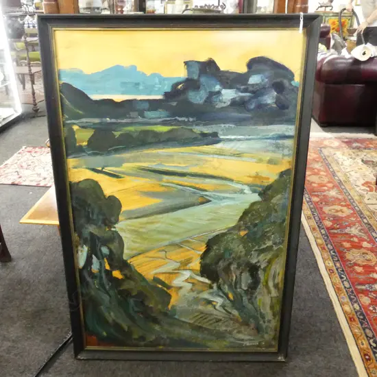 JOHN HORNER (NZ 1944-), 'VIEW FROM NGATARINGA POINT' ( LOOKING ACROSS NGATARINGA BAY TOWARDS AKL CITY)  OIL ON BOARD SIG