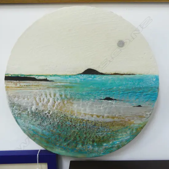 NICKI STEWART 'DIURNAL MOON' ARTWORK ENCAUSTIC ON plywood signed details verso Dia.350mm Cost $490