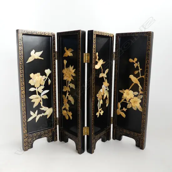 4 PANEL LACQUER TABLE SCREEN DECORATED w MOP INLAY & GOLD PAINTED DESIGNS