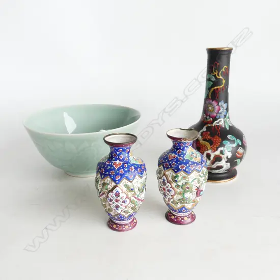 4 PCS ORIENTAL, CELADON BOWL, BLK & FLORAL VASE, 2 SML METAL & ENAMELLED VASES