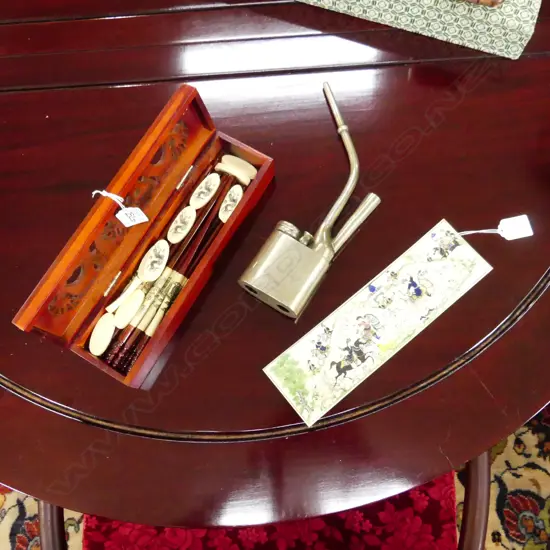 THREE CHINESE ITEMS . BOXED CHOPSTICKS OPIUM PIPE & HANDPAINTED SMALL PANEL OF WARRIORS ON HORSEBACK 