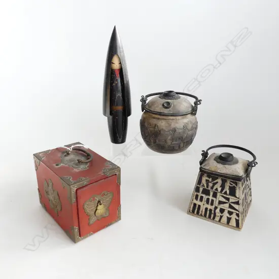 4 PC 2 INCENSE BURNERS, I JAPANESE LACQUER & BRASS CARD BOX & SML WOODEN KOKESHI DOLL