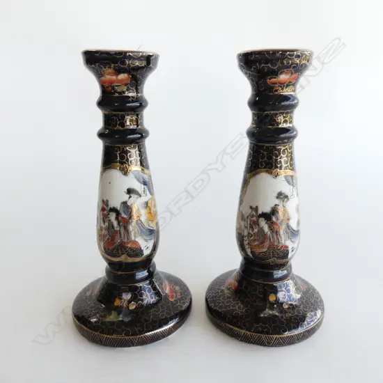PR LARG JAPANESE PORCELAIN CANDLESTICKS c.1900, BLACK w FIGURAL DECORATION,  H.240mm