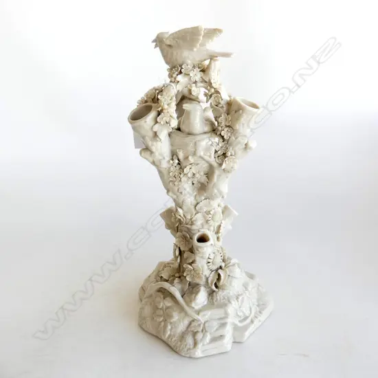 LARGE BELLEEK CENTREPIECE. BIRD IN NEST  ANOTHER ABOVE THREE BRANCHES & FOLIAGE. BLACK MARK . FRITTING & REPAIR. H.330mm