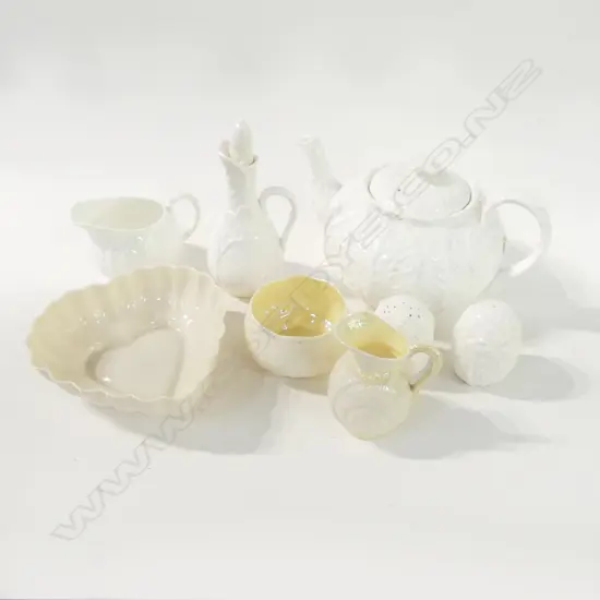 8 PCS 3 IRISH BELLEEK, HEART DISH & MILK /CREAM, 5 ENG COALPORT, SALT/PEPPER, MILK JUG, STOPPERED JUG & TEAPOT (CRACKED
