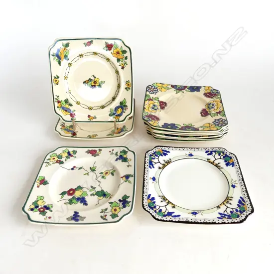 TEN SQUARE R/D 1920'S SIDEPLATES. FLORAL & DECO PATTERNS HANDHIGHLIGHTED. ALL 145mm SQ. 
