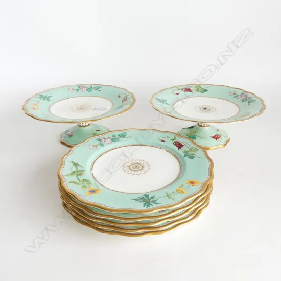 FINE PORCELAIN 2 TAZZA ( 1 AF OTHER STAINED) & 5 PLATES. RD DIAMOND INDICATES 15TH JANUARY 1870