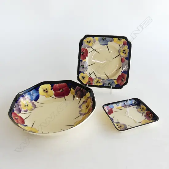 ROYAL DOULTON PANSY DECORATED SOUP BOWL, SIDE PLATE & SML DISH
