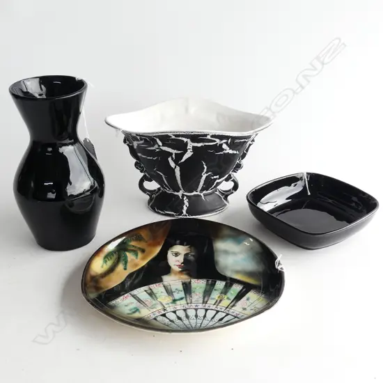TITIAN STUDIO 2 BLACK VASES H200MM TALLEST DISH & FAN DANCER PLATE initialled C.J.B. DIA 230MM