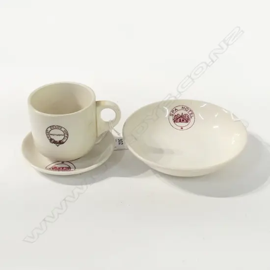 C/LYNN HOTEL WARE SPA HOTEL SAUCER & PLATE DIA 150MM & MOTUEKA POST OFFICE CUP