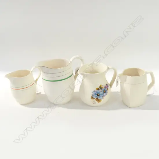 4 C/LYNN MILK JUGS VARIOUS MARKS  TALLEST 160MM