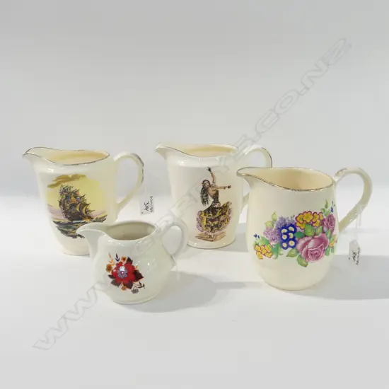 4 C/LYNN MILK JUGS VARIOUS MARKS  TALLEST 160MM