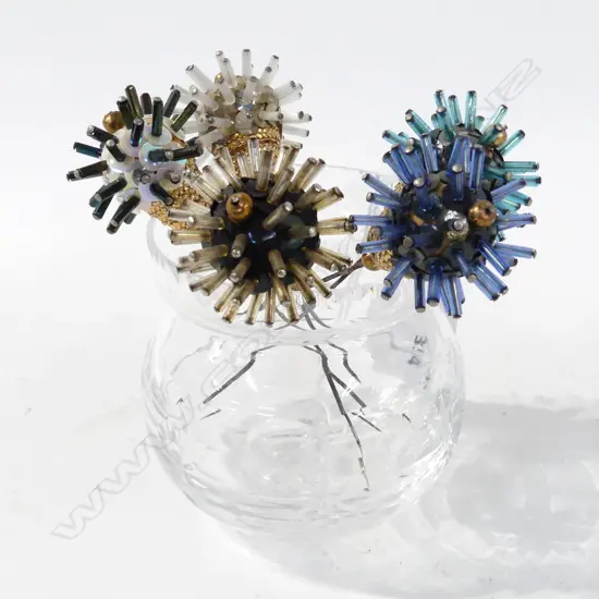 FIVE ART DECO PERIOD HAT PINS IN CRYSTAL POT