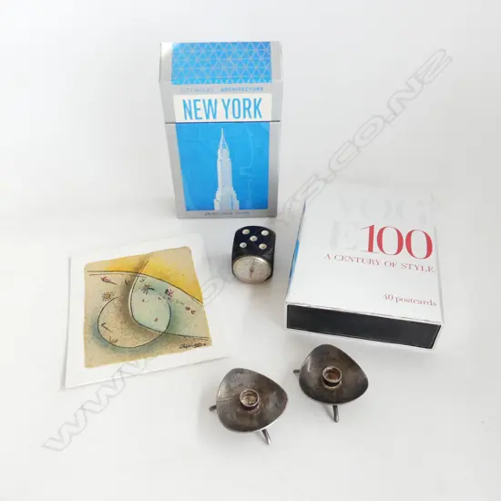 2 BOXES POSTCARDS - NEW YORK & VOGUE, A SML CUBAN PICTURE, 2 ATLA DANISH CANDLE STANDS & A DICE THERMOMETER