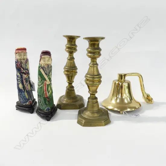 PR BRASS CANDLESTICKS H.230mm, PR CARVED BONE ORIENTAL FIGURES, BRASS BELL 130mm dia