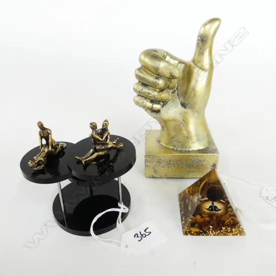 3 PCS, GOLD THUMB SCULPTURE, L.150mm, DESK ORNT w FIGS IN SEXUAL POSITIONS, H.110mm & REIKI PYRAMID H.55mm