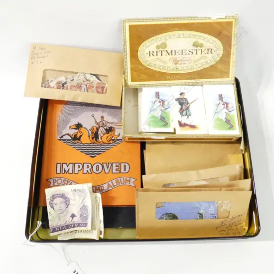 TIN ASST. WORLD NOTES & COINS + ASST. STAMPS