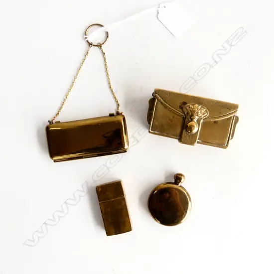 4 BRASS PCES; FUSILIERS CONTAINER, PURSE, PERFUME, RAZOR BLADE BOX