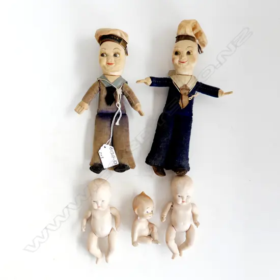 2 NORAH WELLINGS SAILOR DOLLS & 3 BISQUE FIRED BABY DOLLS