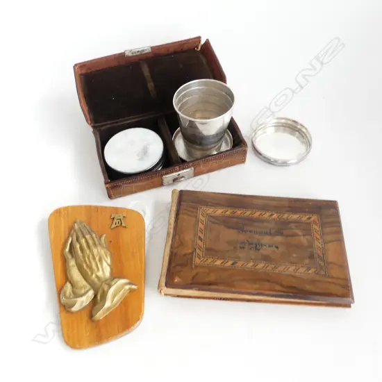 3 ITEMS, WOODEN BOUND BOOK 'FLOWERS OF THE HOLY LAND' SIGNED 1907, PRAYER HANDS PLAQUE, LEATHER BOXED TRAVELLING CUPS 