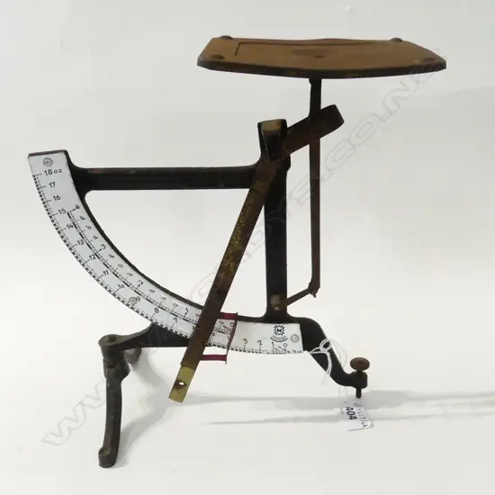 ANTIQUE CAST IRON POSTAL SCALES WITH WHITE ENAMEL QUADRANT MAKER: J. MAUL GERMANY H. 24CM