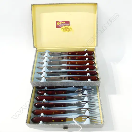 12 PIECE ROSEWOOD STEAK SET IN BOX BY RICHARDS CUTLERS SHEFFIELD ENGLAND