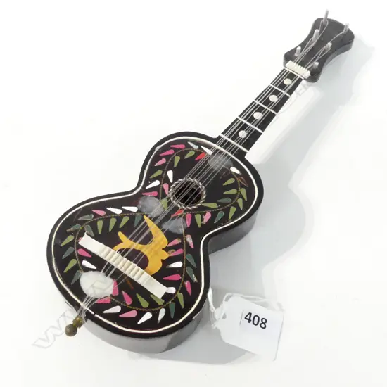 VINTAGE INLAID CELLO MUSIC BOX WORKING (TURN FOOT TO TURN ON/OFF, WINDER AT BACK) L. 255MM