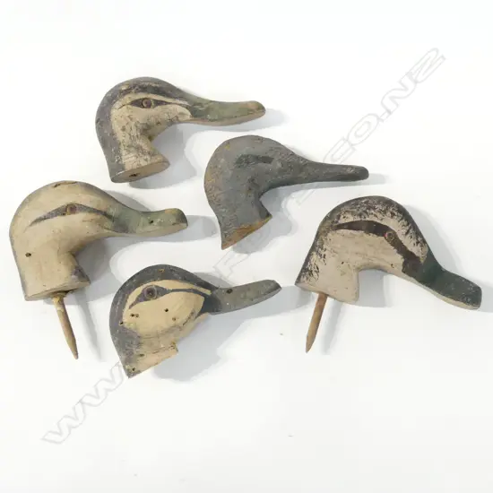 FIVE VINTAGE DUCK DECOY HAND PAINTED WOODEN HEADS